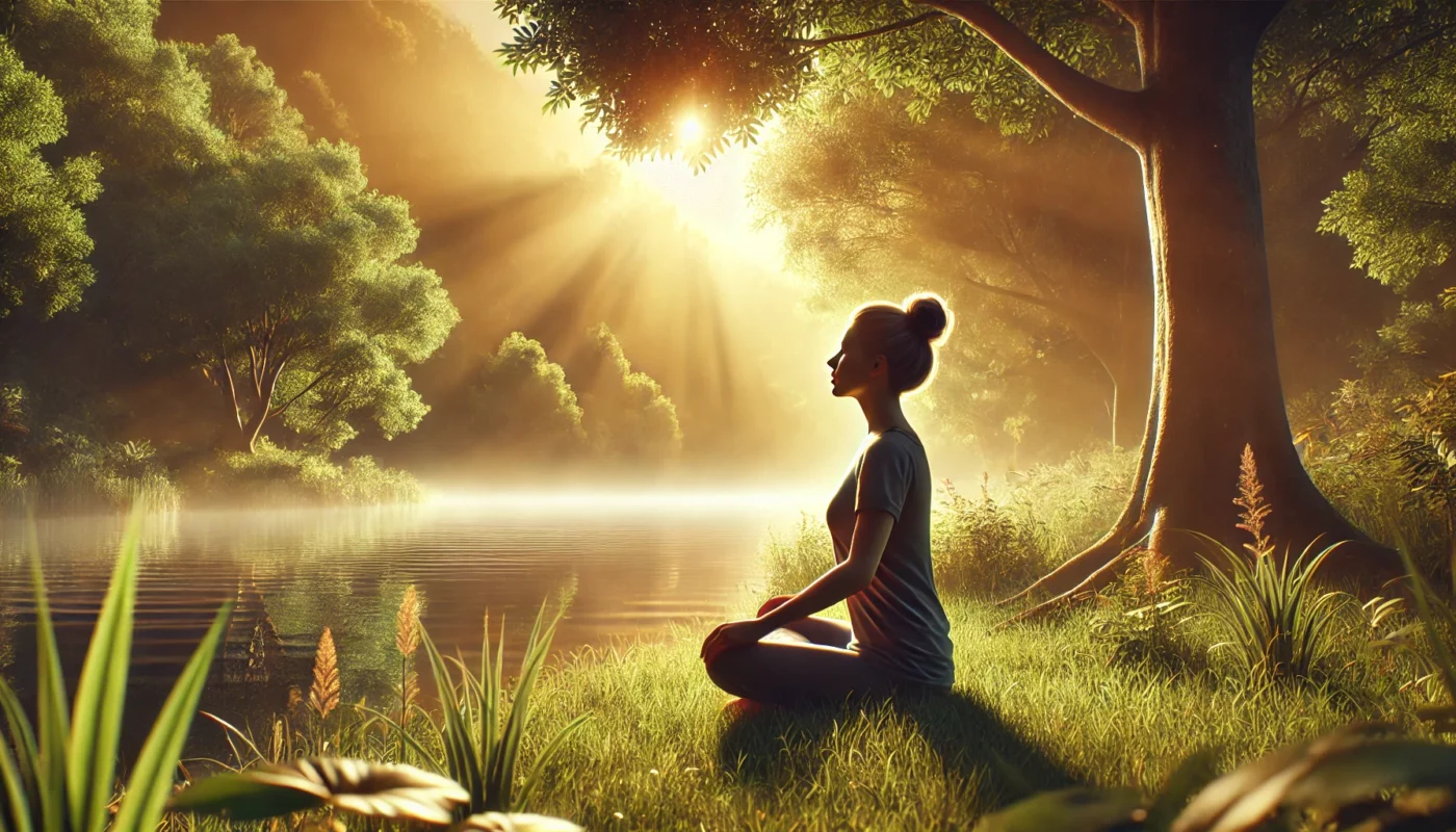 A realistic digital illustration of a person sitting cross-legged on grass near a calm lake, practicing deep breathing in a peaceful natural setting with soft sunlight filtering through trees, symbolizing relaxation and nervous system balance.